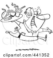 Royalty Free RF Clip Art Illustration Of A Cartoon Black And White Outline Design Of An Energetic Waiter Serving Fast Food