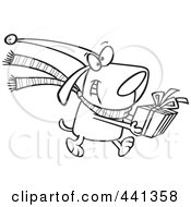 Royalty Free RF Clip Art Illustration Of A Cartoon Black And White Outline Design Of A Christmas Dog Carrying A Present