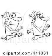 Royalty Free RF Clip Art Illustration Of A Cartoon Black And White Outline Design Of A Man Trying To Catch Up With Himself