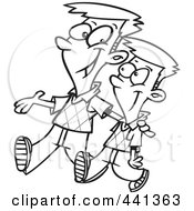 Royalty Free RF Clip Art Illustration Of A Cartoon Black And White Outline Design Of A Big Brother Walking With His Little Brother by toonaday