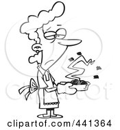 Cartoon Black And White Outline Design Of A Grumpy Woman Holding A Burnt Cake