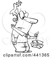 Royalty Free RF Clip Art Illustration Of A Cartoon Black And White Outline Design Of A Man Lifting A Crushed Fragile Parcel