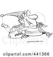 Royalty Free RF Clip Art Illustration Of A Cartoon Black And White Outline Design Of A Christmas Elf Delivering Santa Mail
