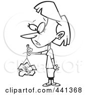 Royalty Free RF Clip Art Illustration Of A Cartoon Black And White Outline Design Of A Woman Holding A Trashed Fragile Package