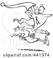 Royalty Free RF Clip Art Illustration Of A Cartoon Black And White Outline Design Of A Christmas Elf Leaping