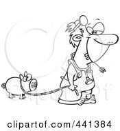 Royalty Free RF Clip Art Illustration Of A Cartoon Black And White Outline Design Of A Hillbilly Doctor With A Pet Pig by toonaday