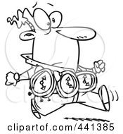 Royalty Free RF Clip Art Illustration Of A Cartoon Black And White Outline Design Of A Timely Man Wearing Three Clocks by toonaday