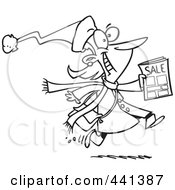 Poster, Art Print Of Cartoon Black And White Outline Design Of An Excited Black Friday Shopper Running With A Sale Ad