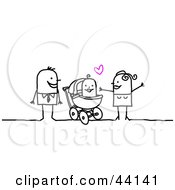 Clipart Illustration Of A Stick Mom And Dad Adoring Their Baby In A Carriage