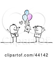 Clipart Illustration Of A Stick Mom And Dad Watching Their Baby Float Up While Holding Onto Balloons