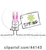 Poster, Art Print Of Stick Man Wearing Pink Bunny Ears And Holding A Spring Sign