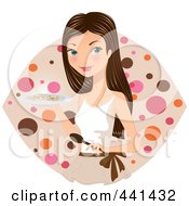 Pretty Woman Carrying A Plate Of Food Over A Dotted Oval