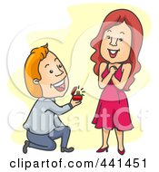 Royalty Free RF Clip Art Illustration Of A Man Kneeling And Proposing To A Beautiful Woman Over Yellow by BNP Design Studio