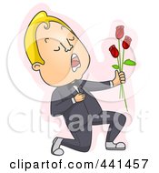 Poster, Art Print Of Kneeling Man Offering Flowers Over Pink