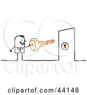 Clipart Illustration Of A Stick Businessman Holding A Key In Front Of A Locked Door