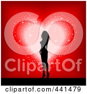Royalty Free RF Clip Art Illustration Of A Sexy Silhouetted Woman Over A Sparkly Heart On Red by KJ Pargeter
