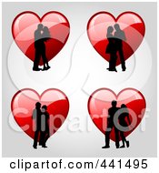 Poster, Art Print Of Digital Collage Of Romantic Couple Silhouettes Over Red Hearts