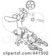 Royalty Free RF Clip Art Illustration Of A Cartoon Black And White Outline Design Of A Soccer Ball Hitting A Referee by toonaday