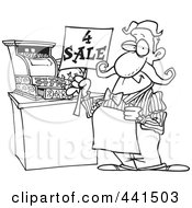 Royalty Free RF Clip Art Illustration Of A Cartoon Black And White Outline Design Of A Man Holding A For Sale Sign At His Register by toonaday