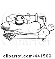 Poster, Art Print Of Cartoon Black And White Outline Design Of A Dog Holding A Remote Control And Resting On A Couch