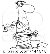 Poster, Art Print Of Cartoon Black And White Outline Design Of A Businessman Tied Up In Red Tape