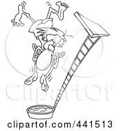 Poster, Art Print Of Cartoon Black And White Outline Design Of A Regretful Man Falling From A High Dive