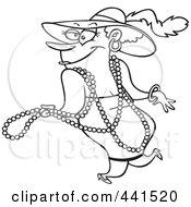 Cartoon Black And White Outline Design Of A Stylish Woman Wearing Beads And A Hat