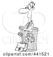 Poster, Art Print Of Cartoon Black And White Outline Design Of A Recycled Businessman In A Bin