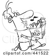Poster, Art Print Of Cartoon Black And White Outline Design Of A Whistling Man Carrying A Carton To A Recycle Center