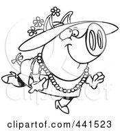 Cartoon Black And White Outline Design Of A Stylish Pig Wearing A Hat