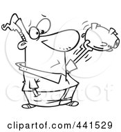 Royalty Free RF Clip Art Illustration Of A Cartoon Black And White Outline Design Of A Man Shaking His Empty Piggy Bank
