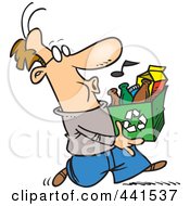 Cartoon Whistling Man Carrying A Carton To A Recycle Center