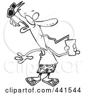 Royalty Free RF Clip Art Illustration Of A Cartoon Black And White Outline Design Of A Summer Man Drinking A Refreshing Beverage by toonaday