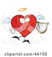 Poster, Art Print Of Red Heart Angel Character Flying With A Lyre