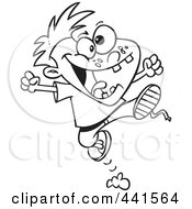 Poster, Art Print Of Cartoon Black And White Outline Design Of A Rambunctious Boy Jumping