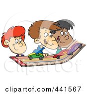Poster, Art Print Of Cartoon Group Of Kids Playing With Toy Cars On A Track