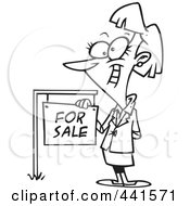 Poster, Art Print Of Cartoon Black And White Outline Design Of A Female Realtor By A For Sale Sign