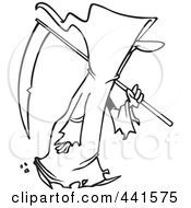 Royalty Free RF Clip Art Illustration Of A Cartoon Black And White Outline Design Of A Walking Grim Reaper by toonaday