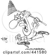 Royalty Free RF Clip Art Illustration Of A Cartoon Black And White Outline Design Of An Angry Man Chasing A Falling Leaf
