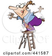 Poster, Art Print Of Cartoon Businessman Standing On A Ladder And Reaching