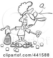 Royalty Free RF Clip Art Illustration Of A Cartoon Black And White Outline Design Of A Woman Getting Bruised During Racquetball by toonaday