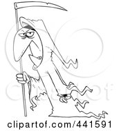 Royalty Free RF Clip Art Illustration Of A Cartoon Black And White Outline Design Of A Grim Reaper With A Scythe