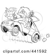 Poster, Art Print Of Cartoon Black And White Outline Design Of A Family Driving A Rally