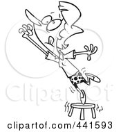 Royalty Free RF Clip Art Illustration Of A Cartoon Black And White Outline Design Of A Businesswoman Standing On A Stool And Reaching