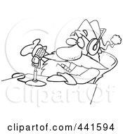 Royalty Free RF Clip Art Illustration Of A Cartoon Black And White Outline Design Of Santa Talking On The Radio