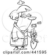 Royalty Free RF Clip Art Illustration Of A Cartoon Black And White Outline Design Of A Grumpy Woman Holding A Shovel As A Gift by toonaday