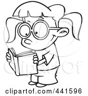 Royalty Free RF Clip Art Illustration Of A Cartoon Black And White Outline Design Of A Happy Girl Reading