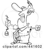Royalty Free RF Clip Art Illustration Of A Cartoon Black And White Outline Design Of An Outraged Businessman Holding A Computer Mouse