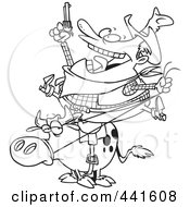 Poster, Art Print Of Cartoon Black And White Outline Design Of A Fat Cowboy On A Bull