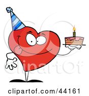 Poster, Art Print Of Red Heart Birthday Character Wearing A Hat And Holding A Cake
